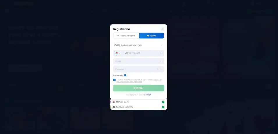 1Win Casino Registration Screenshot