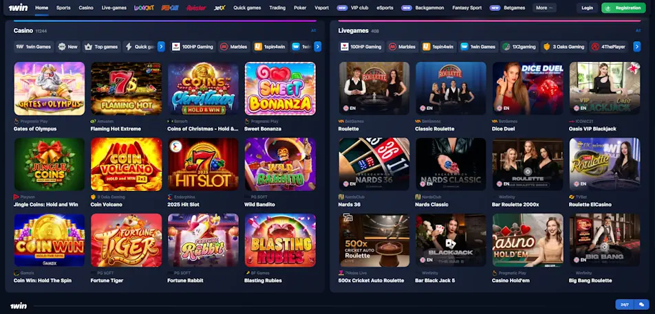 1win Casino Games Screenshot