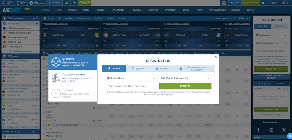 1xBet Sportsbook Registration and Account Management Screenshot