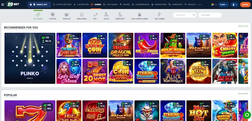 20Bet Sportsbook Casino Gaming Experience Screenshot