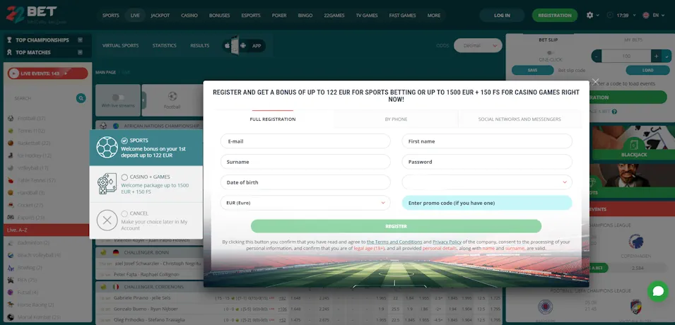 22Bet Sportsbook Registration and Account Setup Screenshot