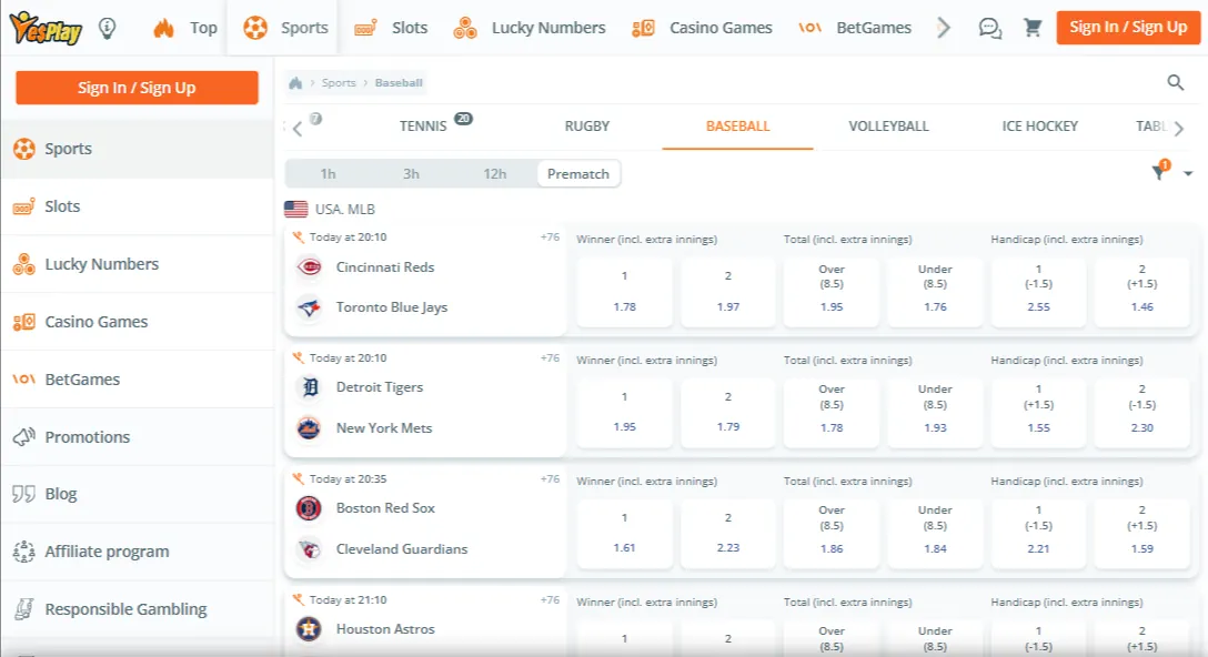 Baseball Live Betting Yesplay Screenshot