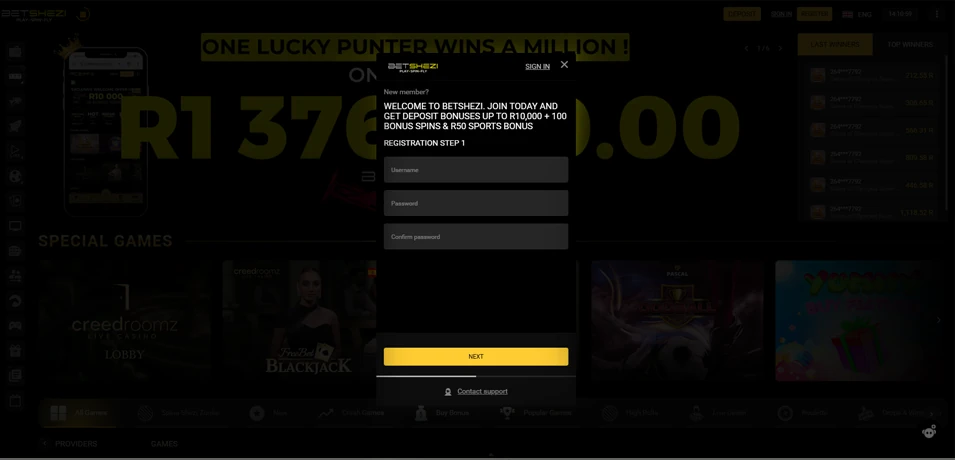 Betshezi Casino Registration and Security Screenshot