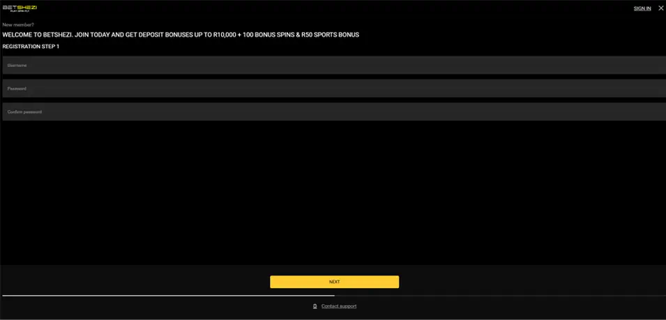 Betshezi Casino Registration and Security Screenshot