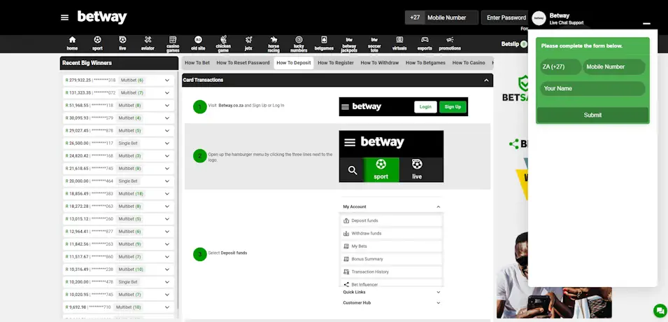 Betway Casino Banking and Customer Support Screenshot