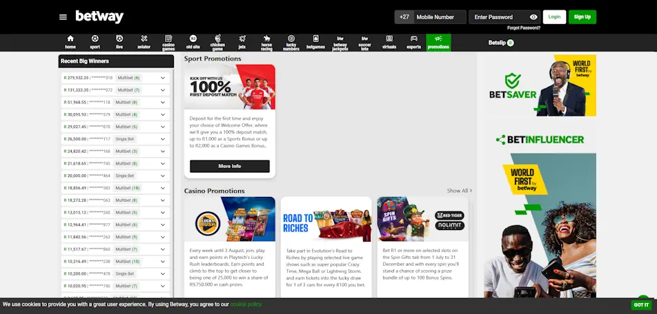 Betway Casino Bonuses and Promotions Screenshot