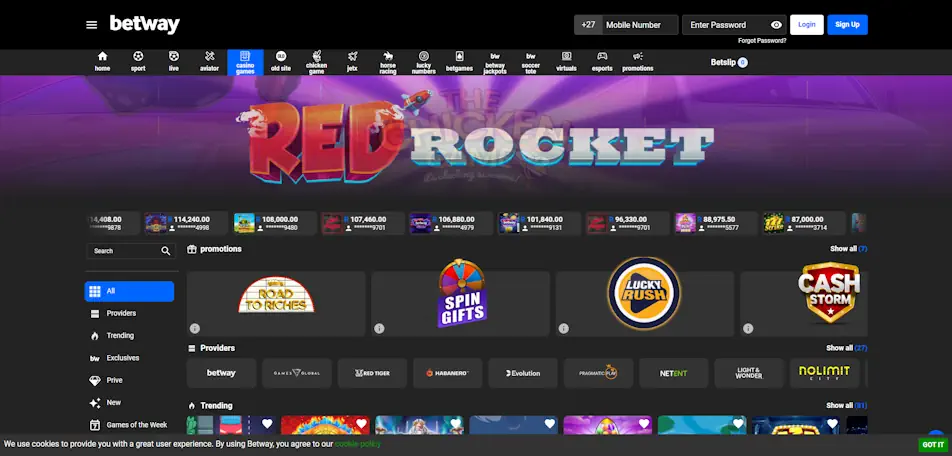 Betway Casino Game Selection Screenshot