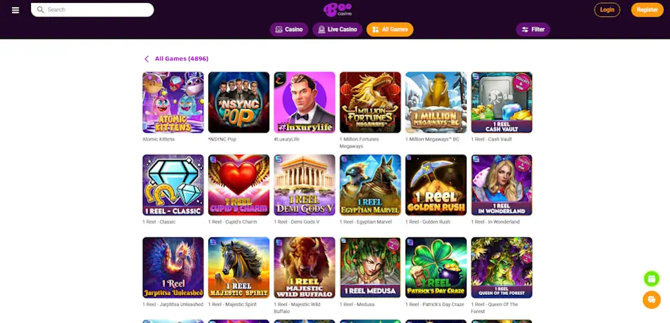 Boo Casino Game Selection and Software Screenshot