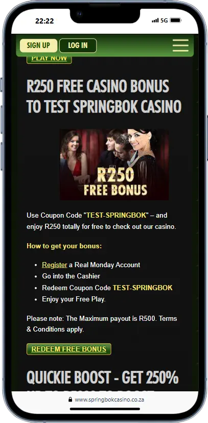 Springbok Casino R250 free chip Mobile Screenshot