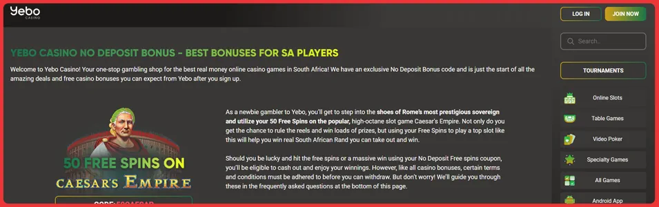 Yebo Casino 50 Free Spins No Deposit Banner