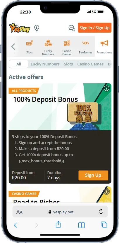 YesPlay Casino R150 bonus Mobile Screenshot