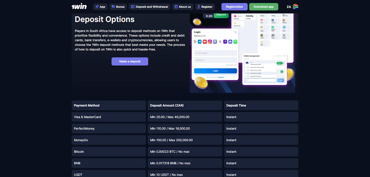 1win Deposit options Screenshot