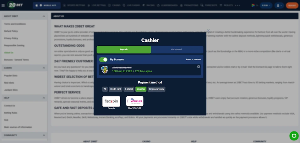 20Bet Vouchers Screenshot