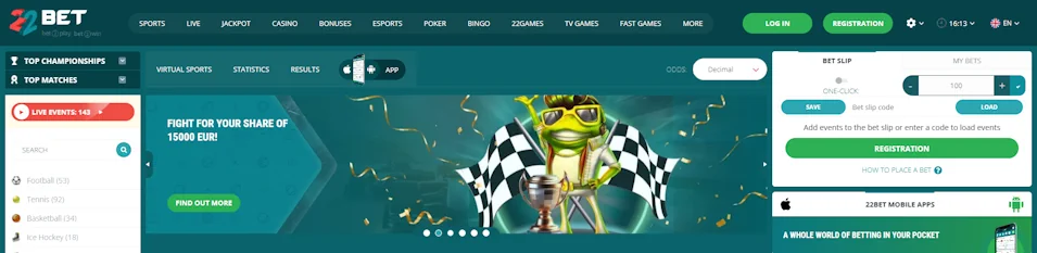 22bet Webpage Screenshot