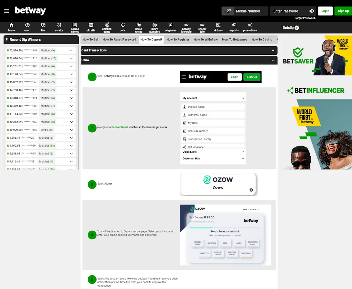 Betway Deposit Method Ozow Screenshot
