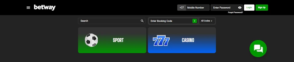 Betway Homepage and Support Screenshot