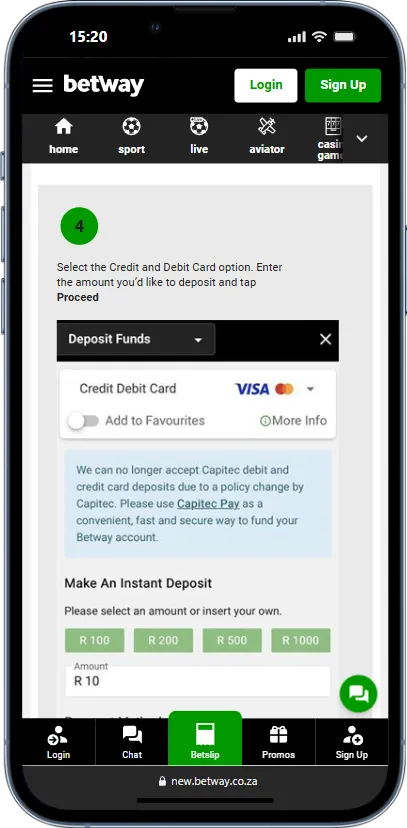 Betway Deposit Method Payment Screenshot