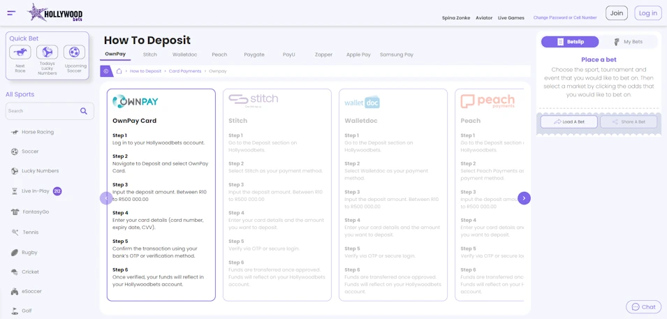 Hollywoodbets Deposit Card Payments Screenshot