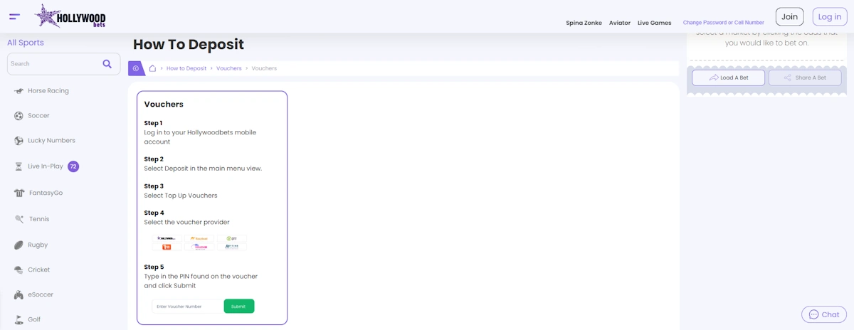 Hollywoodbets Deposit Vouchers Screenshot