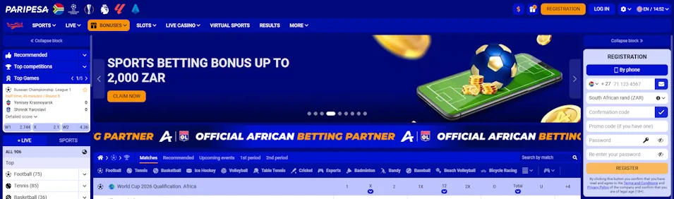 Paripesa Homepage and bonuse Screenshot