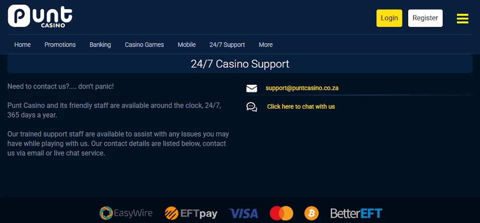 Punt Casino Support Screenshot