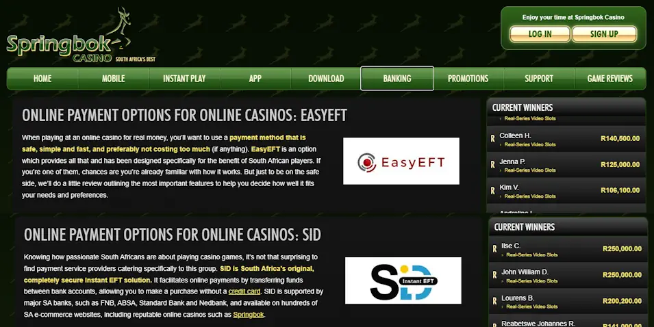 Springbok Deposit Method EasyEFT and SID Screenshot