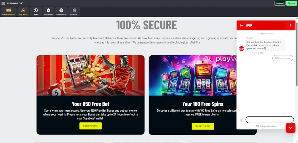 Supabets Welcome Bundle and support Screenshot