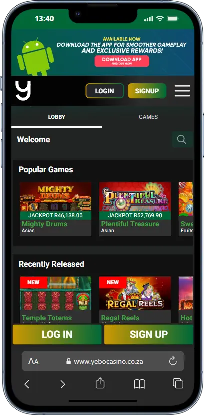 Yebo Deposit Method Casino Mobile View Screenshot