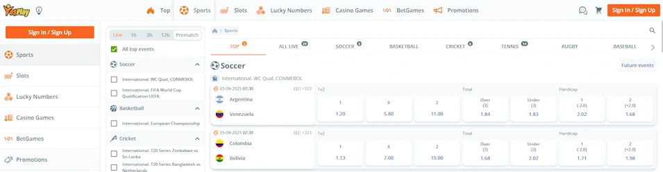 YesPlay Sport Webpage Screenshot