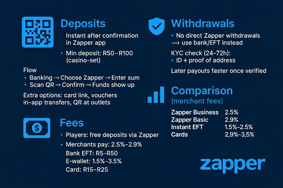 Zapper Deposit Methods Comparing Deposit and Withdrawal Features Infographic