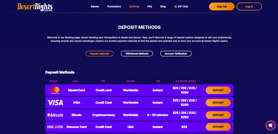 DesertNights Casino Banking Methods and Payouts Screenshot