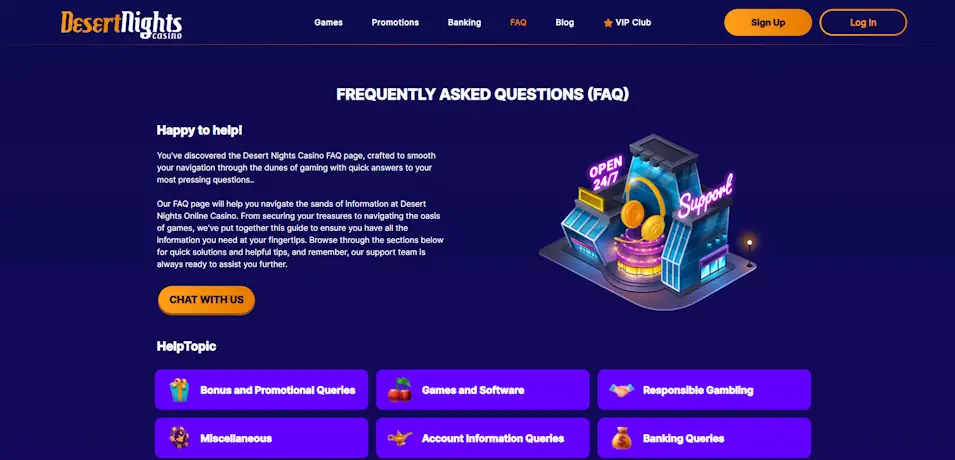 DesertNights Casino Customer Support and Security Screenshot