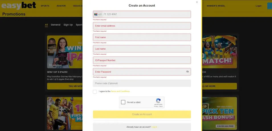 easybet Easybet Registration and Account Setup Screenshot