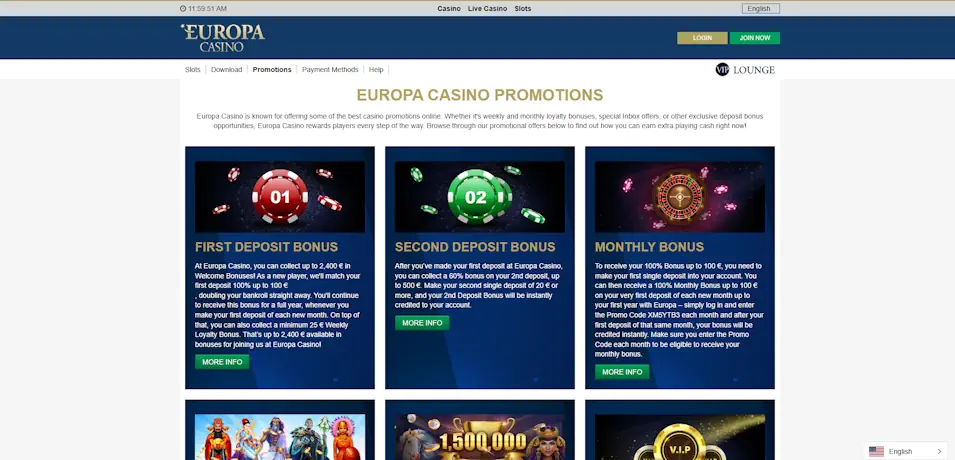 Europa Welcome Bonus and Promotions Screenshot