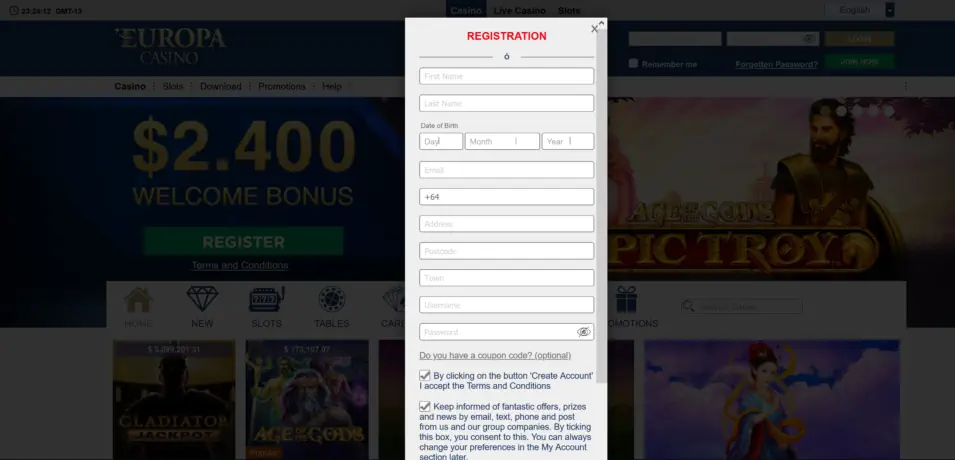 Europa Login Process and Account Verification Screenshot