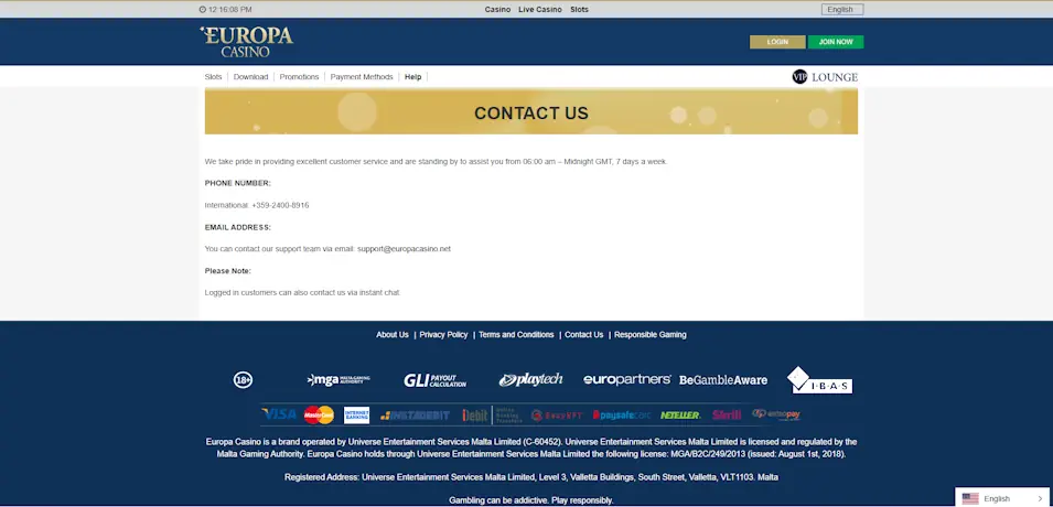 Europa Customer Support Quality Screenshot