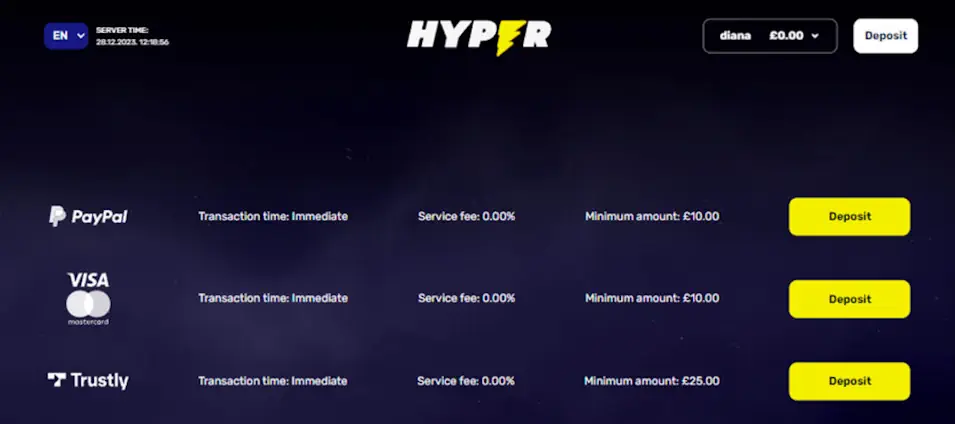 Hyper Casino Payment Processing Evaluation Screenshot