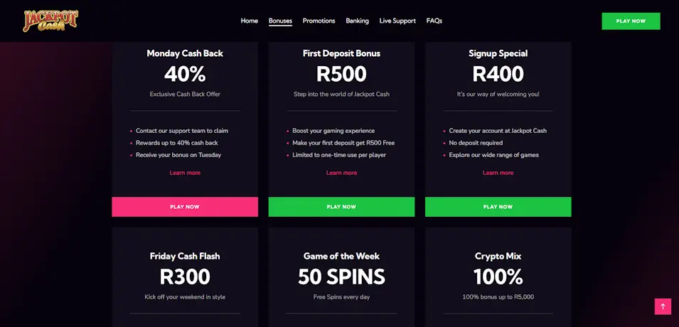 Jackpot Cash Casino Bonus Structure Analysis Screenshot