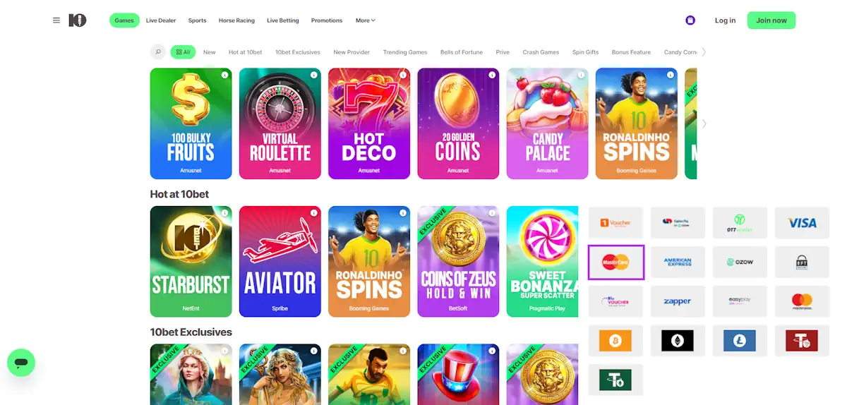 10Bet MasterCard Payment and Casino games Screenshot