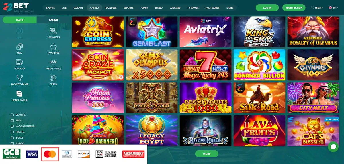 22bet MasterCard Payment and Casino Games Screenshot
