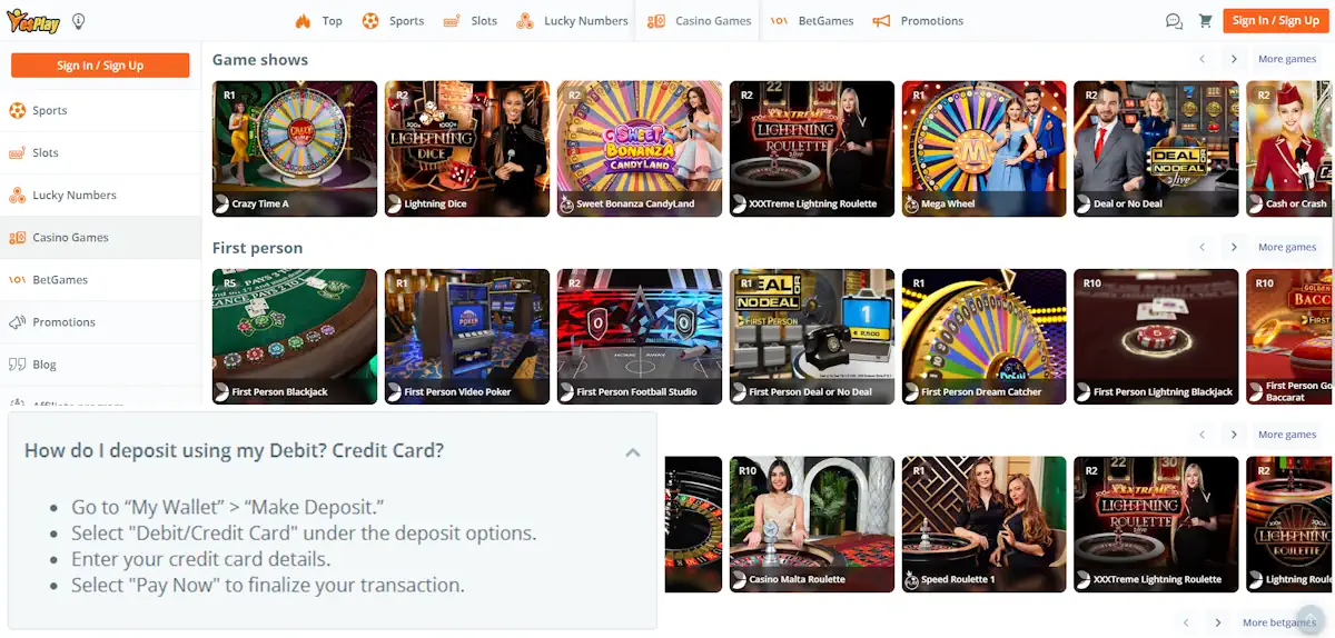 YesPlay MasterCard Depositing and Casino Games Screenshot