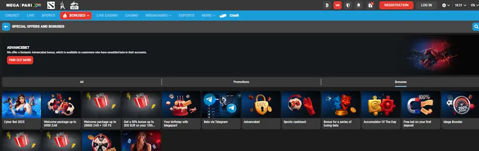 Megapari Casino Bonuses and Promotions Screenshot