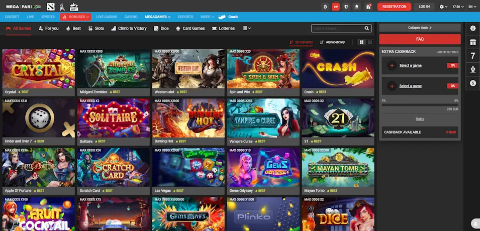 Megapari Casino Game Selection and Software Providers Screenshot