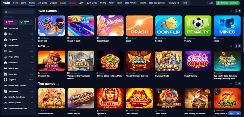 1win Casino Games Screenshot