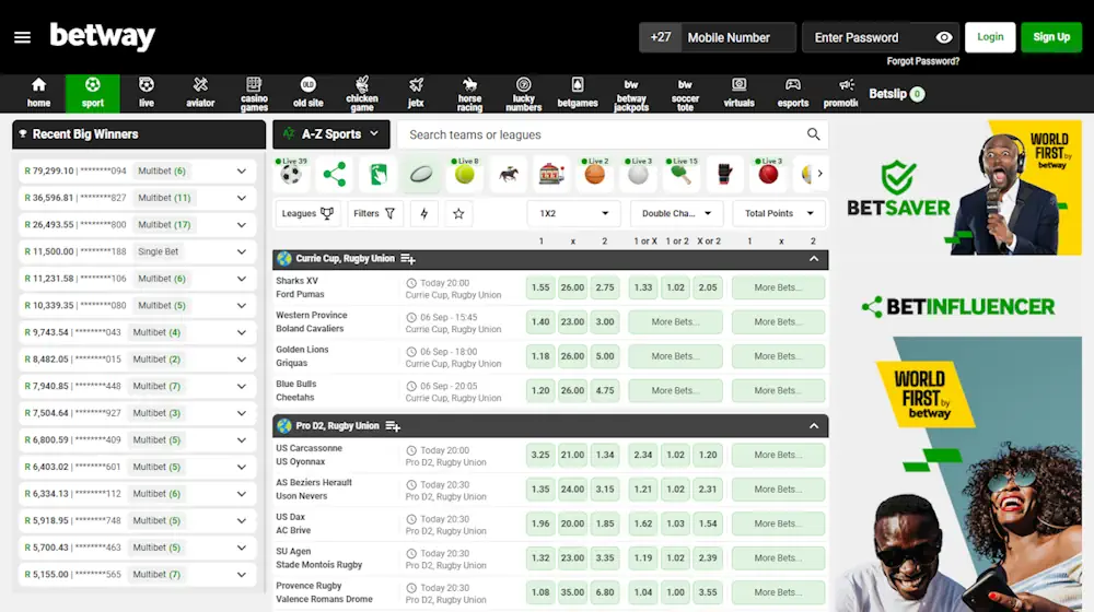 Betway Rugby Betting Screenshot