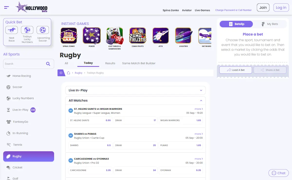 Hollywoodbets Rugby Screenshot