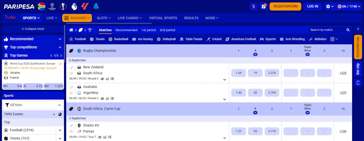 Paripesa Rugby Betting Screenshot