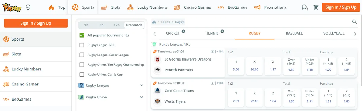 YesPlay Rugby Betting Screenshot