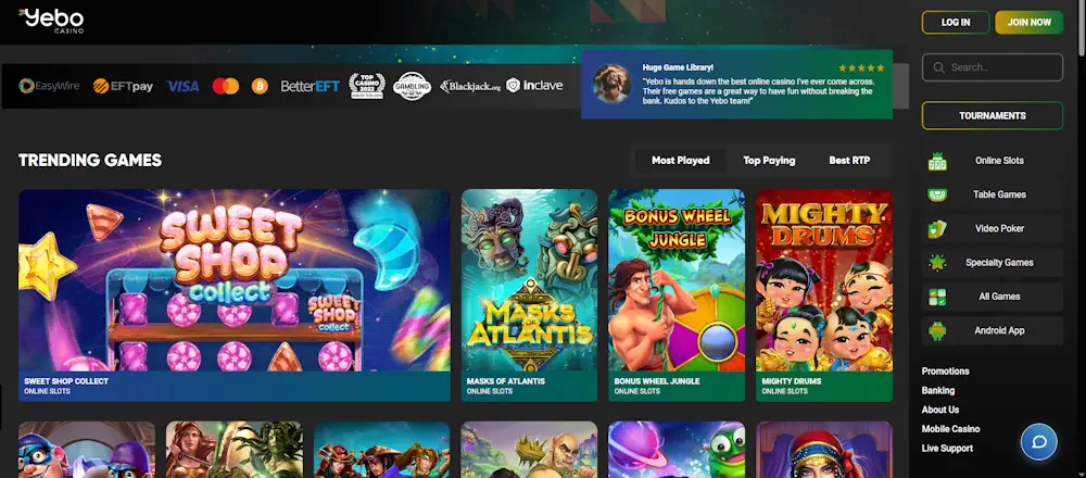 Yebo Casino Games Screenshot