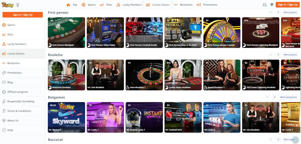 YesPlay Casino Games Screenshot